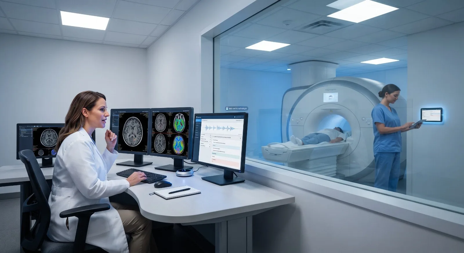 Klinikte görüntüleme ve analiz ekranları başında sağlık profesyoneli — klinik karar destek sistemi