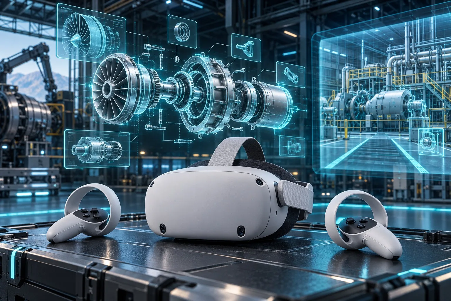 VR gözlük ve kontrolcüler, arkada holografik motor modelleri — simülasyon uygulamaları