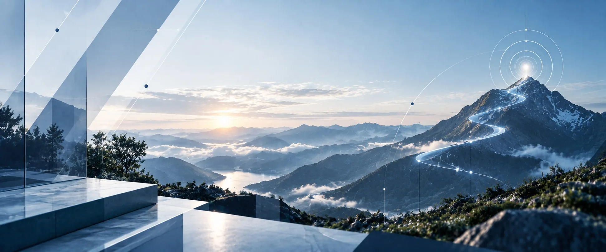 Gün doğumunda dağ silsilesi ve cam mimari — DECA Teknoloji vizyonu